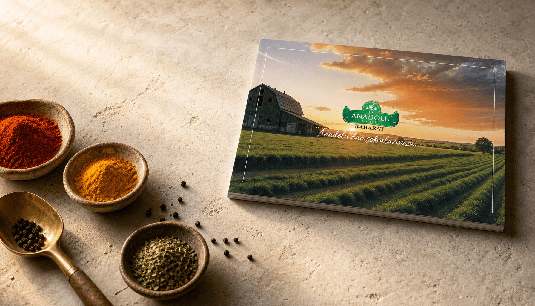 Katalog, baharat tezgâhında — kaselerde kırmızı, sarı ve yeşil baharatlar