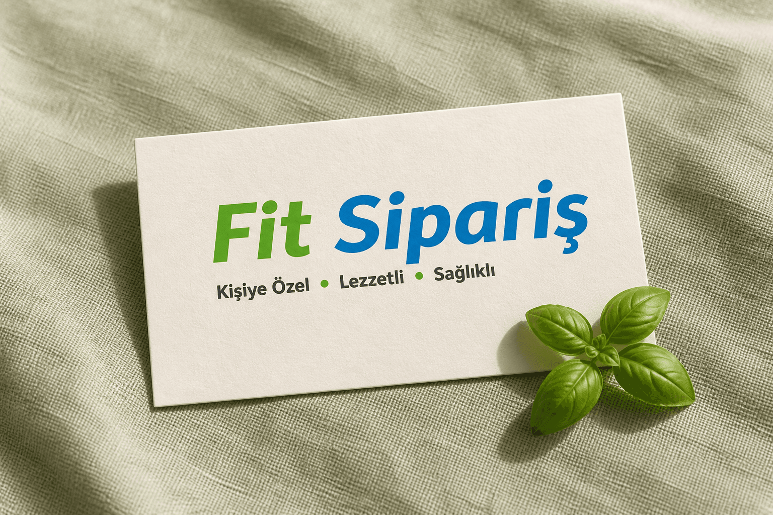 Fit Sipariş logotype'ı, keten zeminde krem kartta