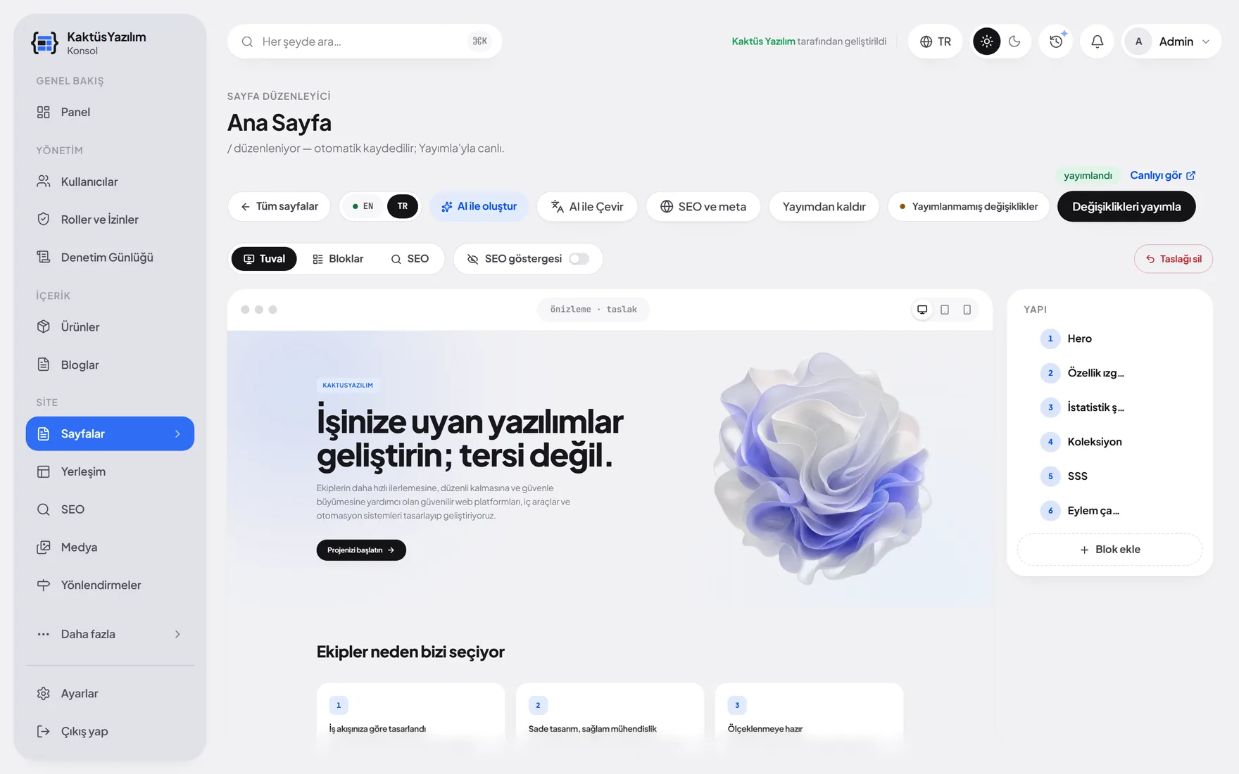 Kaktüs Platform sayfa editörü: sayfa gerçek görünümünde düzenleniyor.