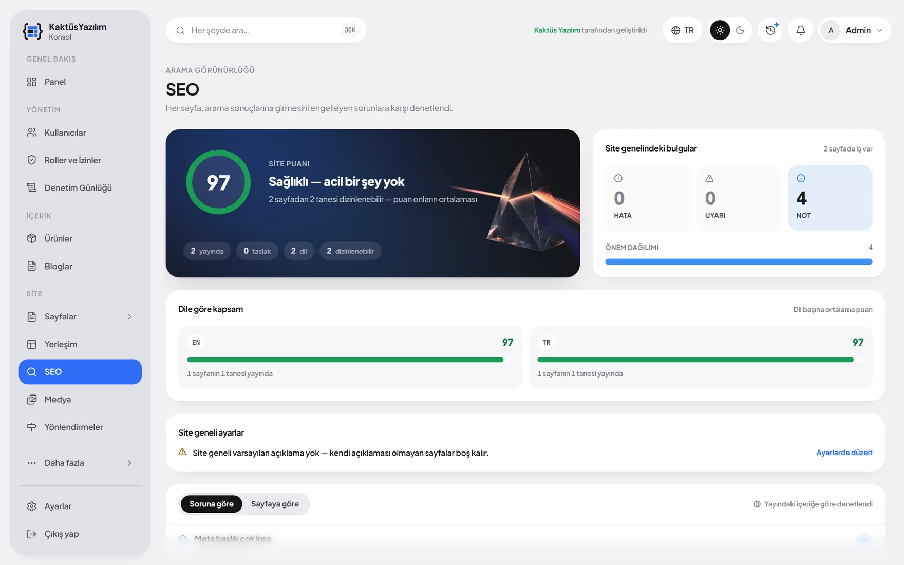 SEO raporu: sayfa sayfa puan ve yapılacaklar.